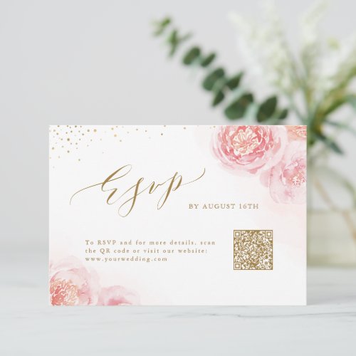 Elegant calligraphy gold  blush floral QR code RSVP Card