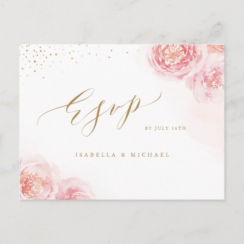 Elegant calligraphy gold  blush floral RSVP Invitation Postcard