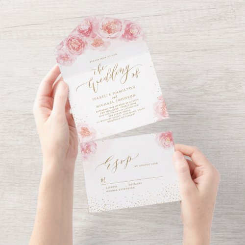 Elegant calligraphy gold  blush floral wedding all in one invitation