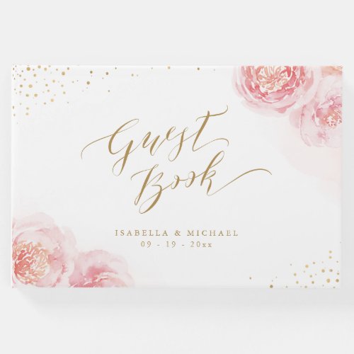 Elegant calligraphy gold  blush floral wedding guest book