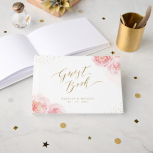 Elegant calligraphy gold & blush floral wedding guest book