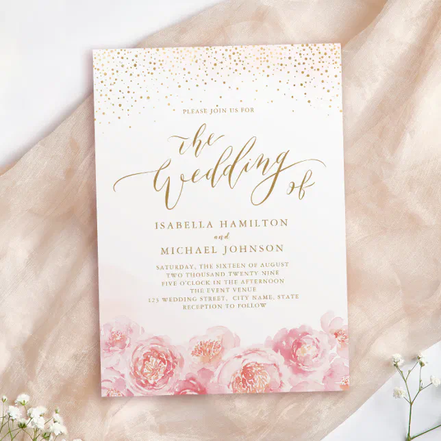 Elegant Calligraphy Gold And Blush Floral Wedding Invitation Zazzle