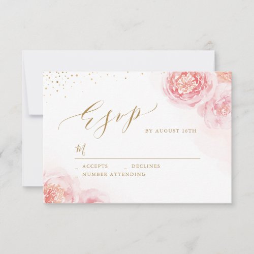 Elegant calligraphy gold  blush floral wedding RSVP card