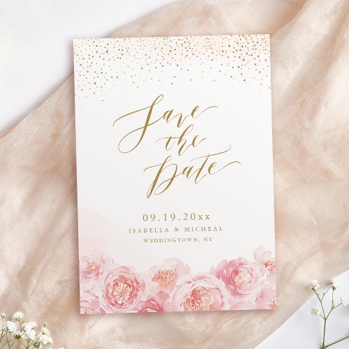 Elegant calligraphy gold  blush floral wedding save the date