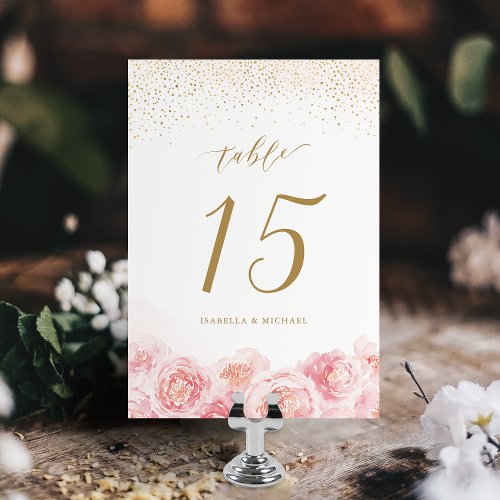 Elegant calligraphy gold  blush floral wedding table number