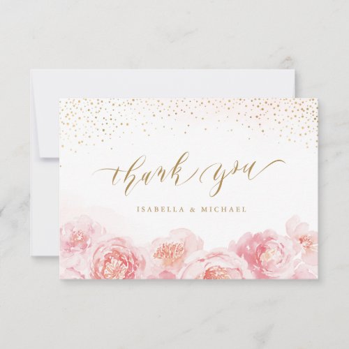 Elegant calligraphy gold  blush floral wedding thank you card