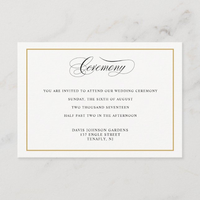 Elegant Calligraphy Gold Ceremony Directions Enclosure Card (Front)