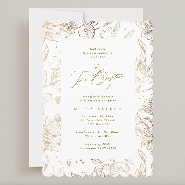 Elegant Calligraphy Gold Floral Botanical Baptism Invitation (Creator Uploaded)