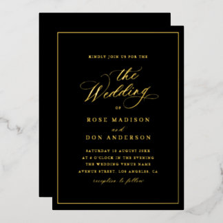 Elegant calligraphy gold foil black wedding foil invitation