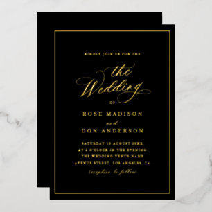 Elegant calligraphy gold foil black wedding invitation