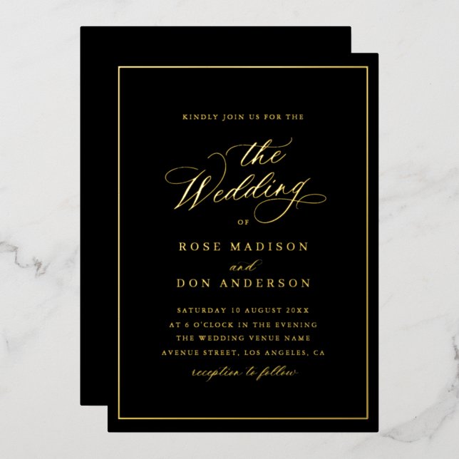 Elegant calligraphy gold foil black wedding invitation (Front/Back)