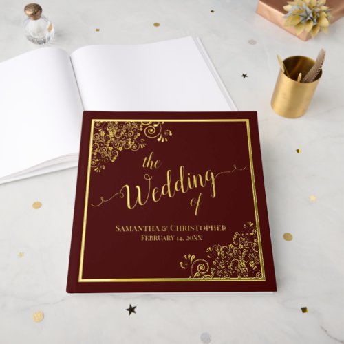 Elegant Calligraphy Gold Foil on Brown Wedding Foil Guest Book