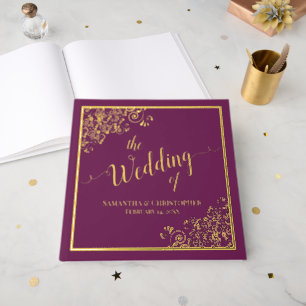 Elegant Calligraphy Gold Foil on Magenta Wedding Foil Guest Book