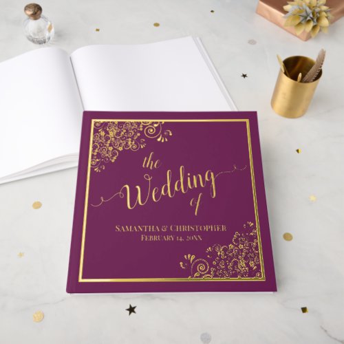 Elegant Calligraphy Gold Foil on Magenta Wedding Foil Guest Book