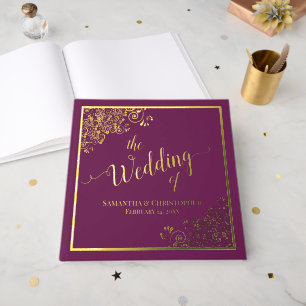 Elegant Calligraphy Gold Foil on Magenta Wedding Guest Book