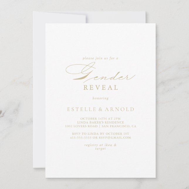Elegant Calligraphy Gold Gender Reveal Party   Invitation (Front)
