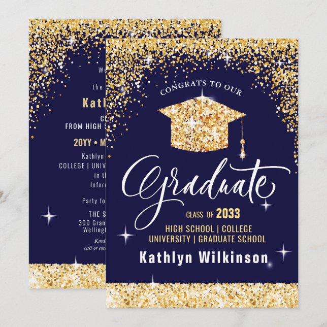 Elegant Calligraphy Gold Glitter Graduation Announcement (Front/Back)