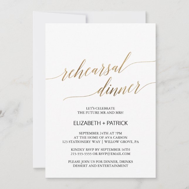 Elegant Calligraphy | Gold Rehearsal Dinner Invitation (Front)