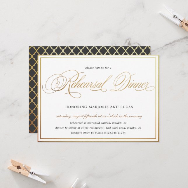 Elegant Calligraphy Gold Rehearsal Dinner Invitation (Front/Back In Situ)