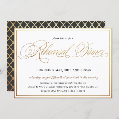 elegant calligraphy gold Rehearsal Dinner Invitation