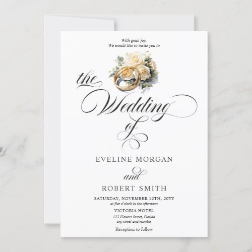 Elegant calligraphy gold rings and roses wedding invitation