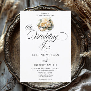 Elegant calligraphy gold rings and roses wedding invitation