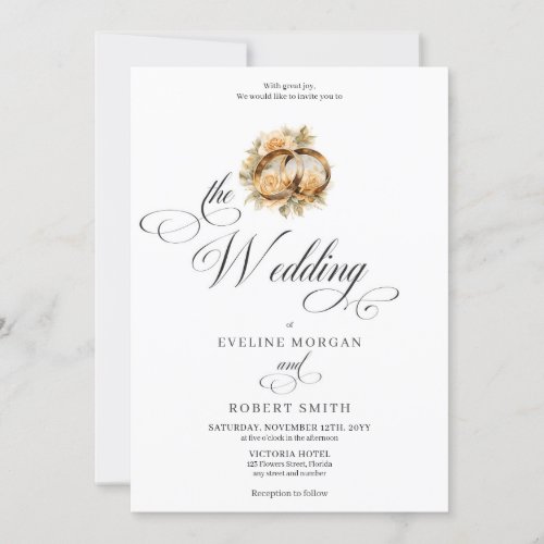 Elegant calligraphy gold rings and roses wedding invitation