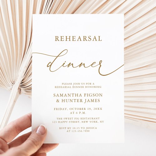 Elegant Calligraphy Gold Wedding Rehearsal Dinner Invitation