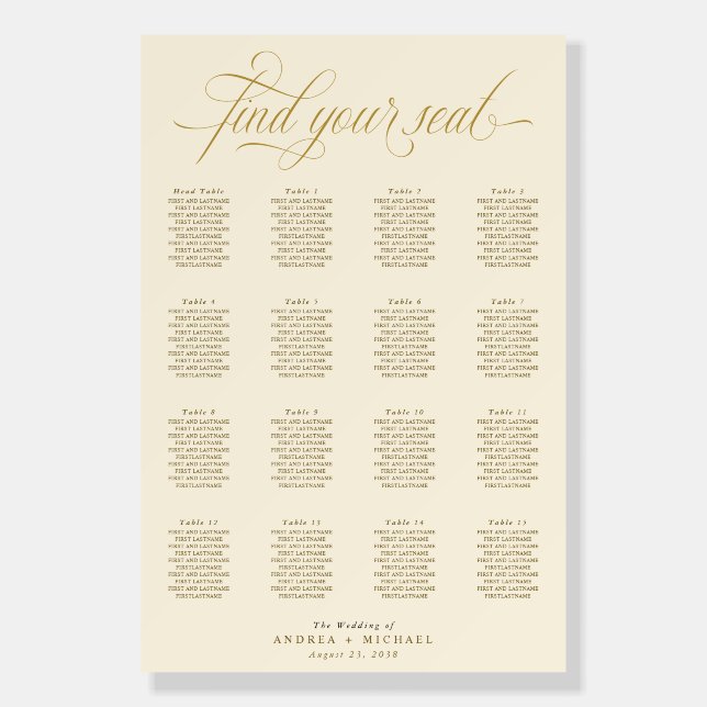 Elegant Calligraphy Gold Wedding Seating Chart Foam Board (Front)