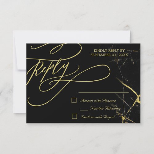 Elegant Calligraphy Golden Veined Marble Wedding RSVP Card