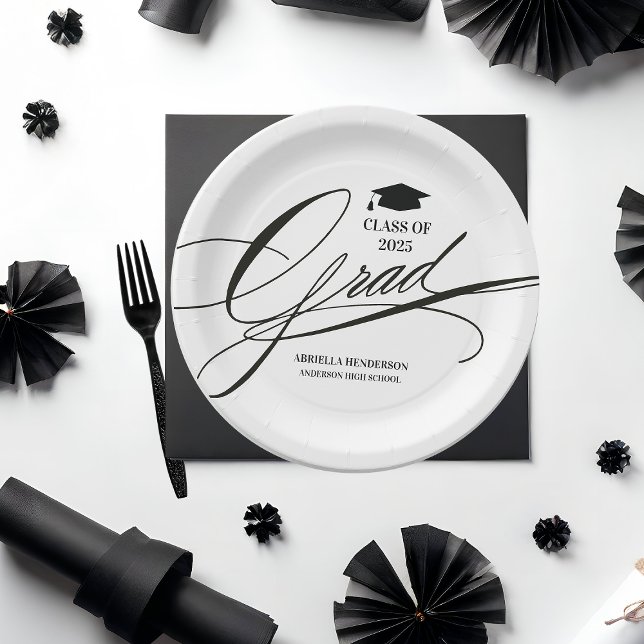 Elegant Calligraphy Grad  Paper Plates (Elegant Custom Graduation Paper Plates)