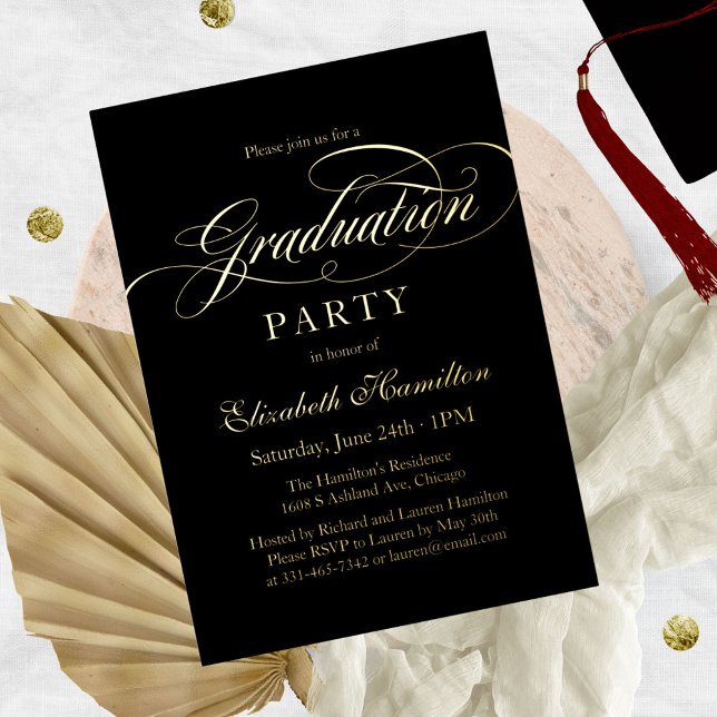  Elegant Calligraphy Grad Party Black And Gold  Foil Invitation (Creator Uploaded)