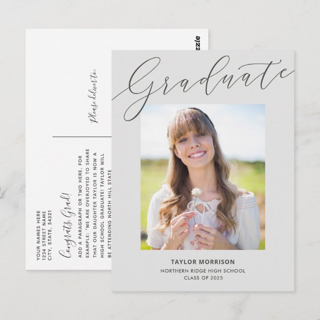 Elegant Calligraphy Gray 2025 Photo Graduation Postcard (Front/Back)