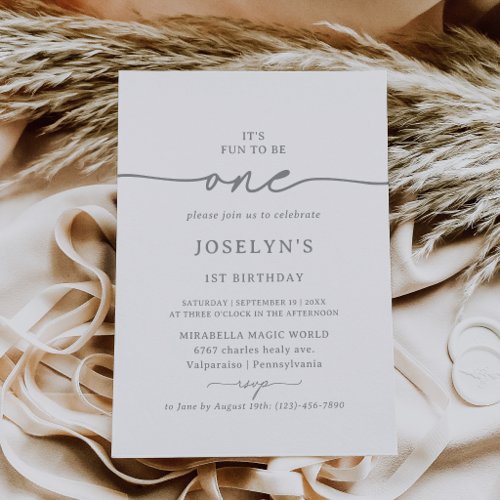 Elegant Calligraphy Gray Chic 1st Birthday Party Invitation