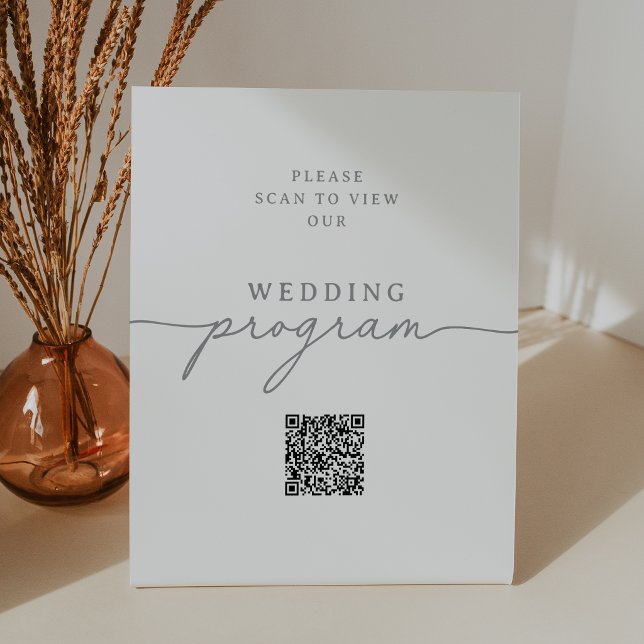 Elegant Calligraphy Gray QR Code Wedding Program Pedestal Sign (Creator Uploaded)