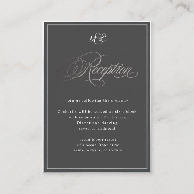 Elegant Calligraphy gray silver Reception Enclosure Card (Front)