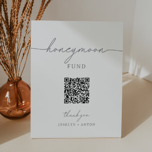 Elegant Calligraphy Gray Wedding Honeymoon Fund Pedestal Sign