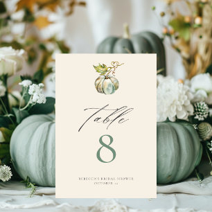 Elegant Calligraphy Green Fall Pumpkin Wedding Table Number