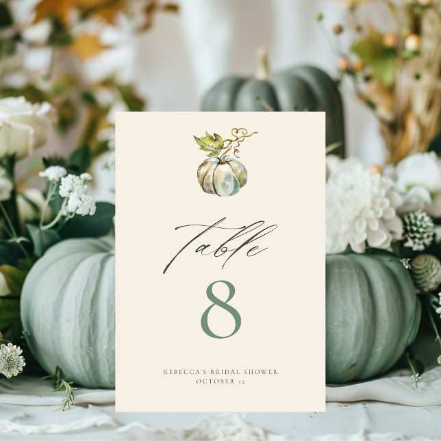 Elegant Calligraphy Green Fall Pumpkin Wedding Table Number (Creator Uploaded)