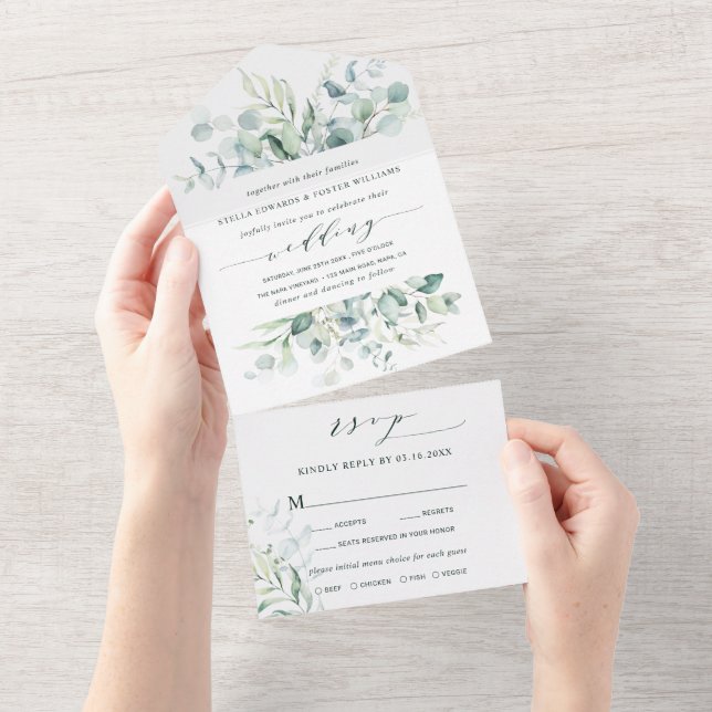 Elegant Calligraphy Green Foliage Wedding All In One Invitation (Tearaway)
