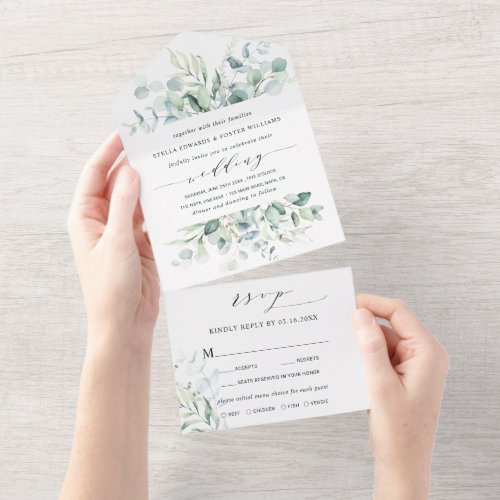 Elegant Calligraphy Green Foliage Wedding All In One Invitation