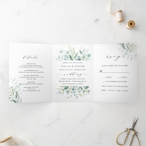 Elegant Calligraphy Green Foliage Wedding Tri_Fold Invitation