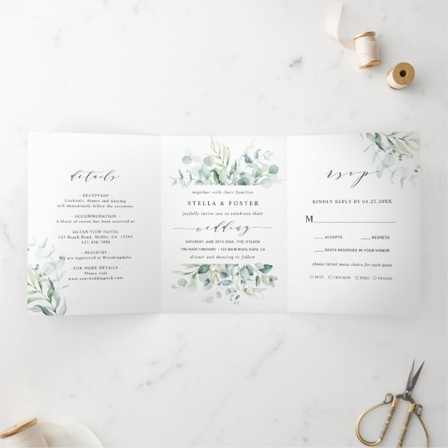 Elegant Calligraphy Green Foliage Wedding Tri-Fold Invitation (Inside)