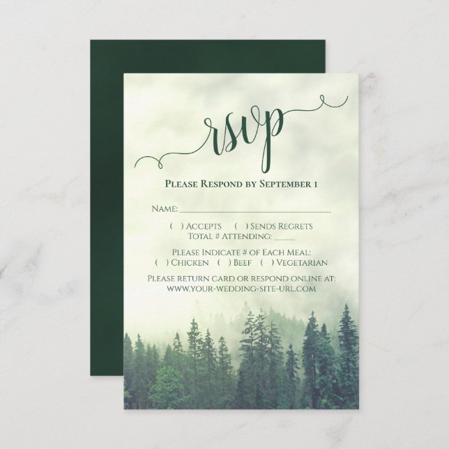 Elegant Calligraphy Green Mountain Pines Wedding RSVP Card (Front/Back)