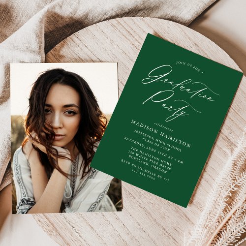 Elegant Calligraphy Green Photo Graduation Party Invitation