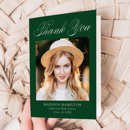 Elegant Calligraphy Green Photo Graduation Thank You Card