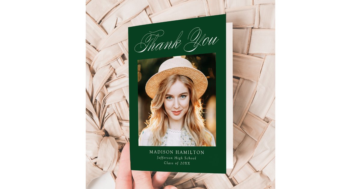 Elegant Calligraphy Green Photo Graduation Thank You Card | Zazzle