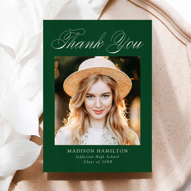 Elegant Calligraphy Green Photo Graduation Thank You Card | Zazzle