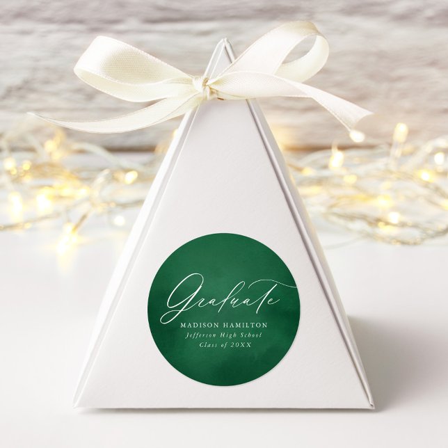 Elegant Calligraphy Green Watercolor Graduation Classic Round Sticker (Creator Uploaded)