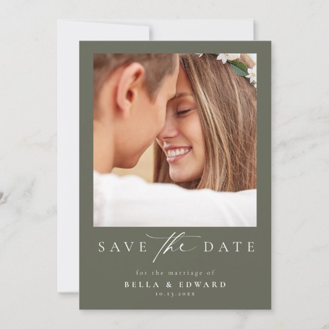 Elegant Calligraphy Green Wedding Save The Date (Front)